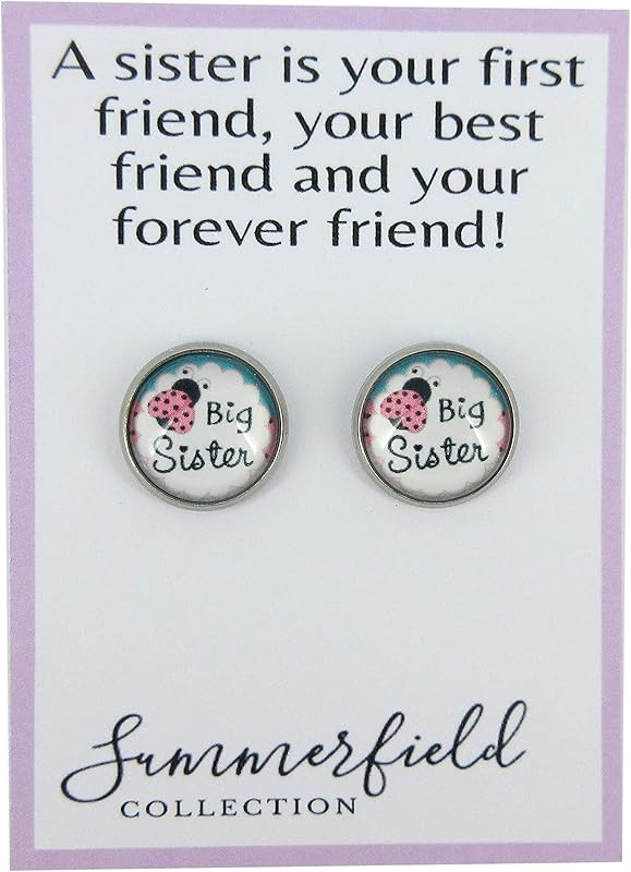 Summerfield Collection Stainless Steel Sister Print Glass Stud Earrings 12mm (Big Sister)