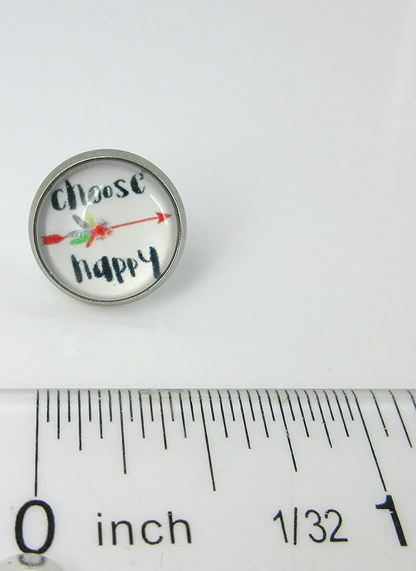 Summerfield Collection Stainless Steel Choose Happy Print Glass Stud Earrings 12mm