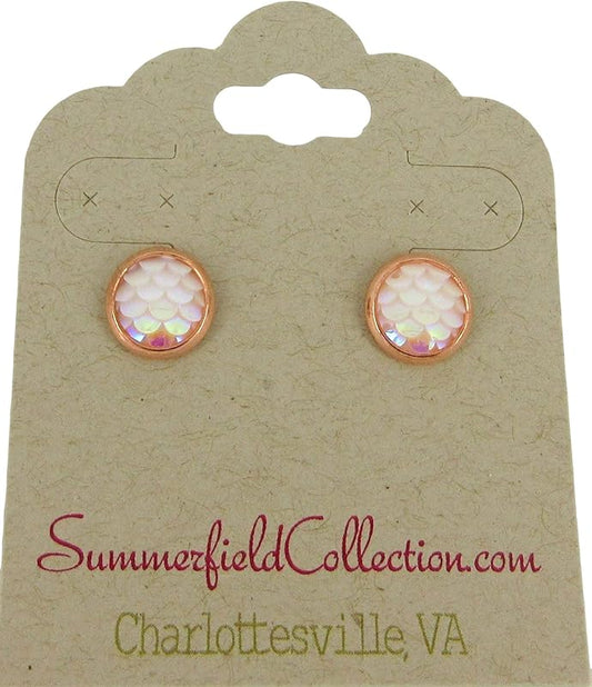Summerfield Collection Rose Gold-tone Light Pink White AB Mermaid Scale Stud Earrings Dragon (8mm)