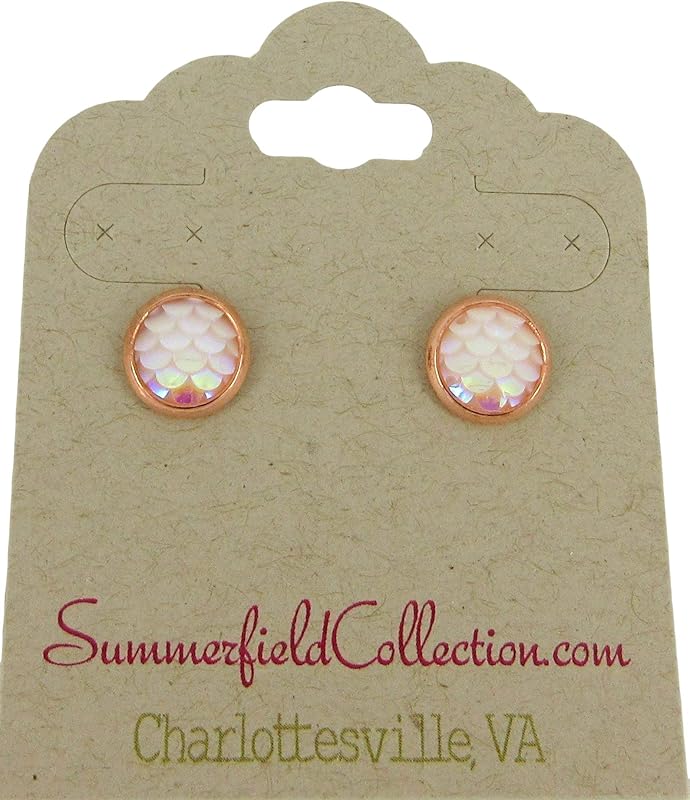 Summerfield Collection Rose Gold-tone Light Pink White AB Mermaid Scale Stud Earrings Dragon (8mm)