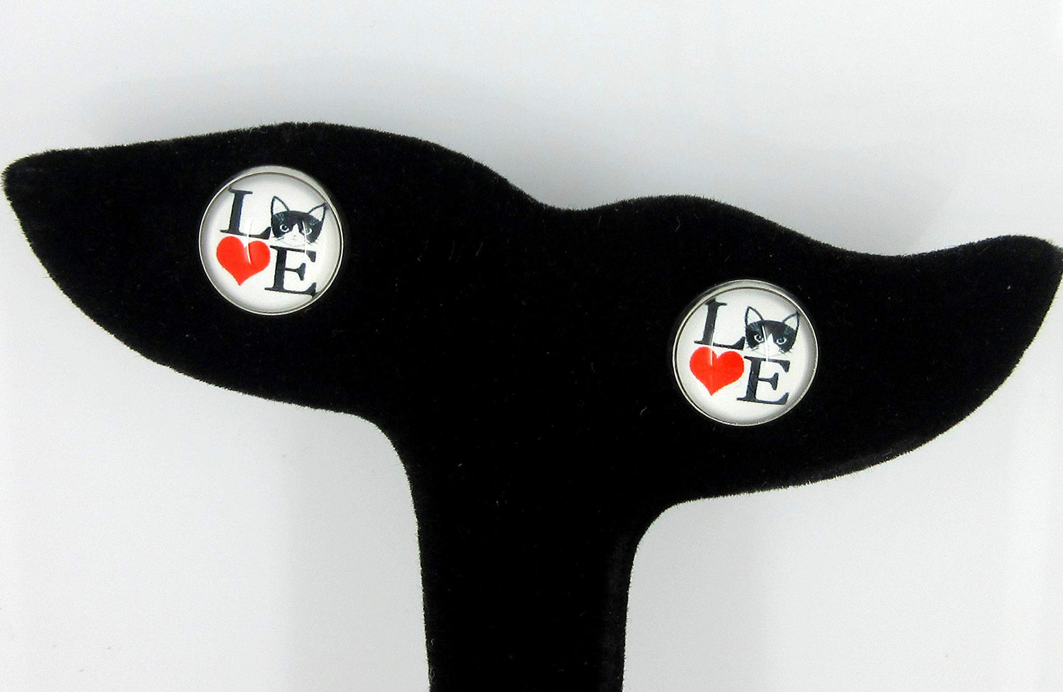 Stainless Steel Love Cats Print Glass Stud Earrings 12mm White Black Red