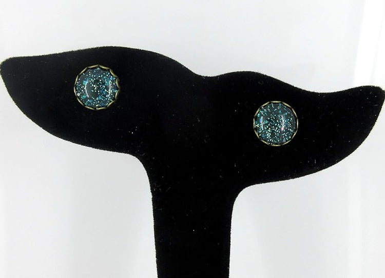 Summerfield Collection Antiqued Gold-tone Dark Teal Green Glitter Glass Stud Earrings Hand-painted 10mm