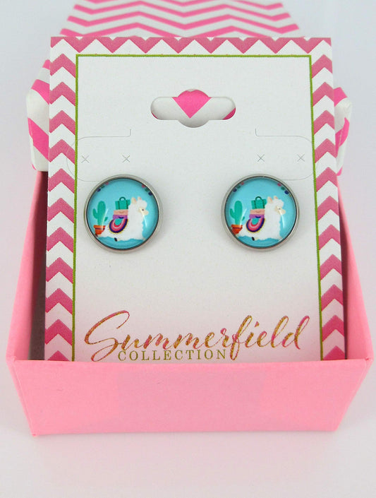 Stainless Steel Aqua Blue Llama and Cactus Print Glass Stud Earrings 12mm