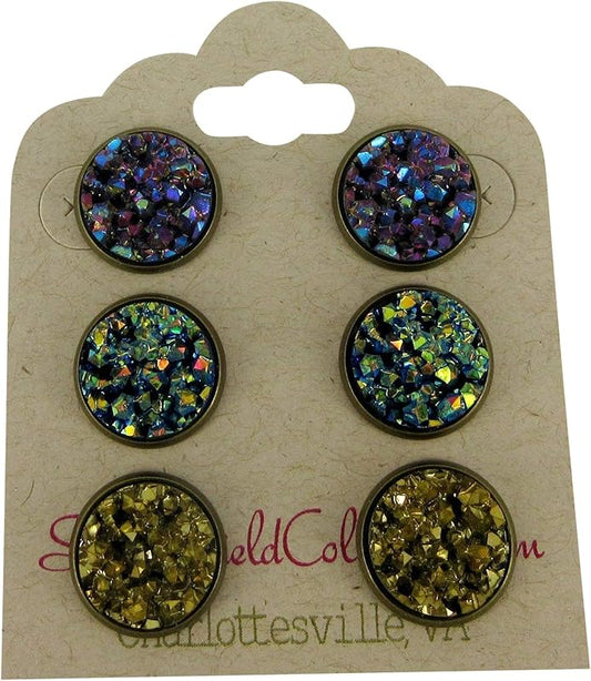 Summerfield Collection Trio Antiqued Gold-tone Stud Earrings 12mm Faux Druzy Stone Metallic Purple Blue Green Set