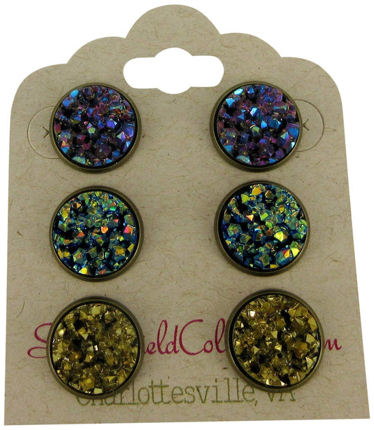 Trio Antiqued Gold-tone Stud Earrings 12mm Faux Druzy Stone Metallic Purple Blue Green Set