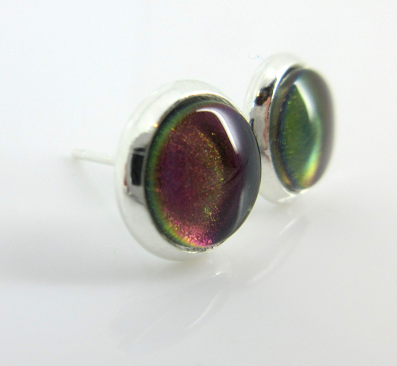 Silver-tone Dark Green Blue Color Shift Glitter Glass Stud Earrings Hand-painted 8mm