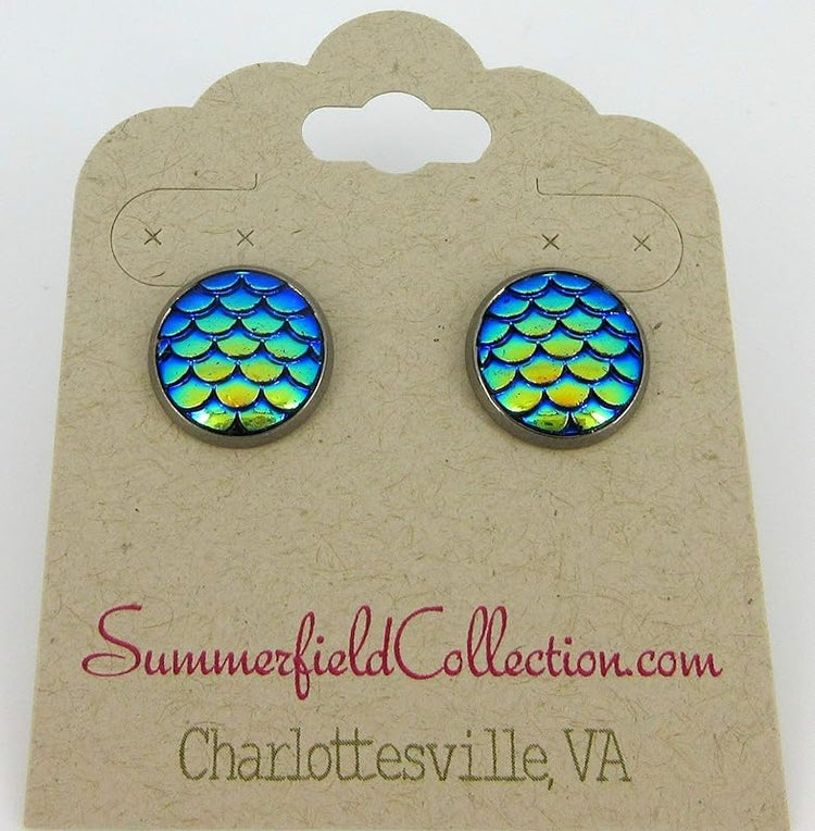 Summerfield Collection Stainless Steel Metallic Dragon Mermaid Scale Stud Earrings 12mm (Blue Green AB)