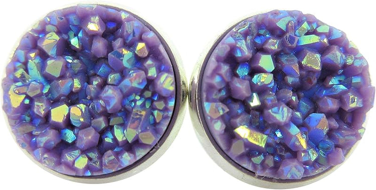 Summerfield Collection Silver-tone Solid AB Faux Druzy Stone Stud Earrings 12mm (Lavender Purple)