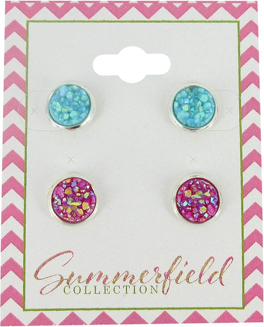 Summerfield Collection Duo Silver-tone Faux Druzy Stone Stud Earrings 8mm Set (Aqua Blue/Deep Pink AB)