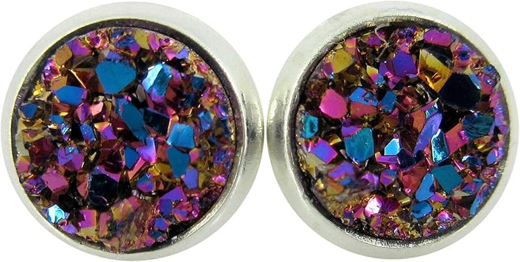 Summerfield Collection Silver-tone Metallic Faux Druzy Stone Stud Earrings 8mm (Pink/Teal)