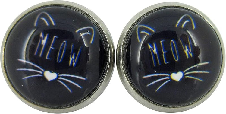 Summerfield Collection Stainless Steel Cat Lover Printed Glass Stud Earrings 12mm (Meow Cat Face)