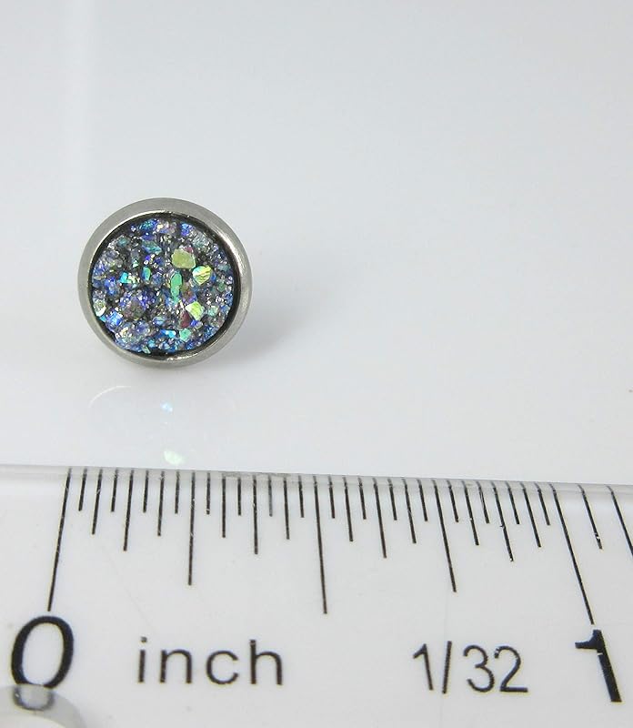 Summerfield Collection Stainless Steel Glitter Faux Druzy Stone Stud Earrings 8mm (Frost Blue)