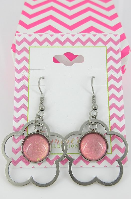 Summerfield Collection Stainless Steel Pink and Iridescent Glitter Flake Glass Flower Charm Dangle Earrings Handpainted