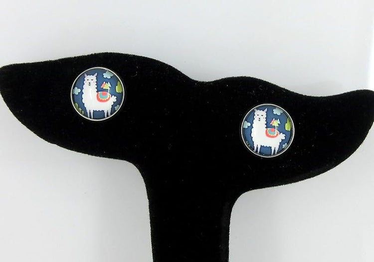 Summerfield Collection Stainless Steel Llama Print Glass Stud Earrings 12mm (Navy Blue)