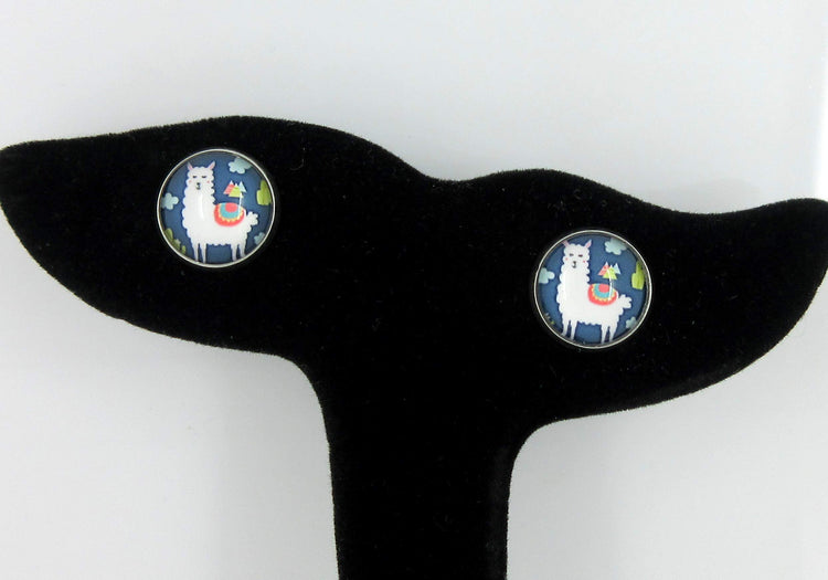 Stainless Steel Llama Print Glass Stud Earrings 12mm