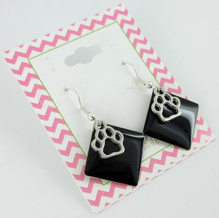 Summerfield Collection Silver-tone Paw Print Charm Enamel Dangle Earrings (Black)