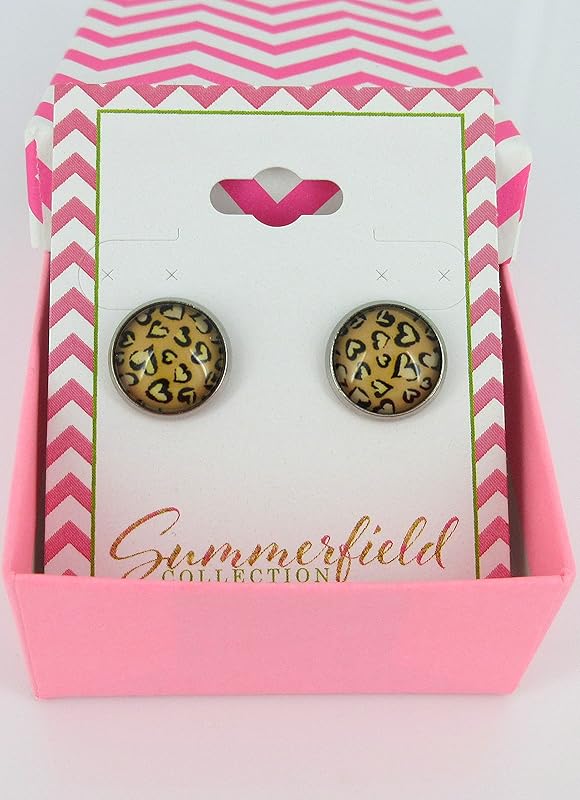 Summerfield Collection Stainless Steel Heart Cheetah Animal Print Glass Stud Earrings 12mm Black Brown