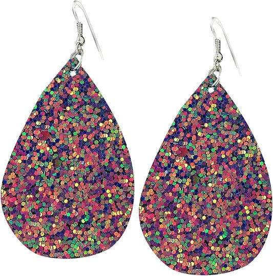 Summerfield Collection Silver-tone Glitter Faux Leather Large Teardrop Dangle Earrings (Teal and Pink)