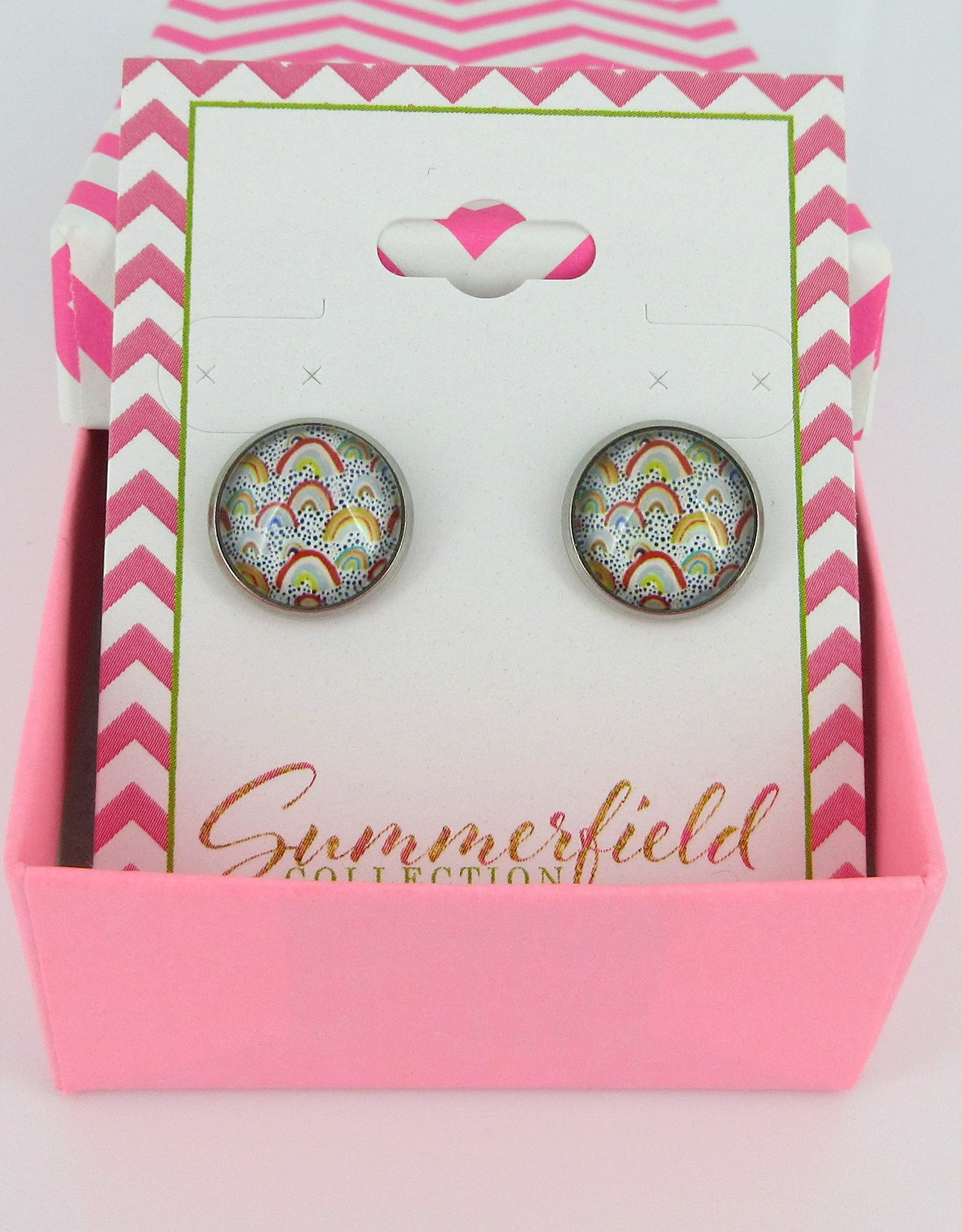 Stainless Steel Yellow Blue Vintage Rainbows Print Glass Stud Earrings 12mm Dots