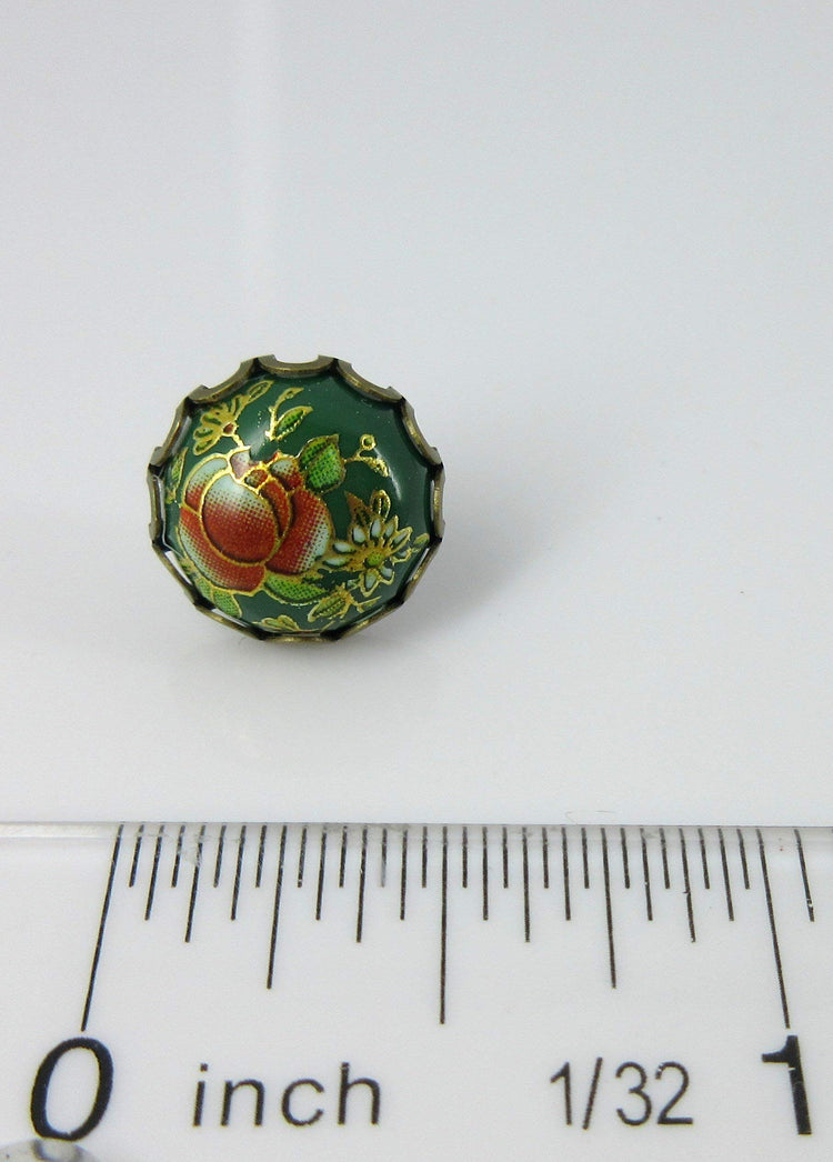 Antiqued Gold-tone Floral Print Stud Earrings 12mm