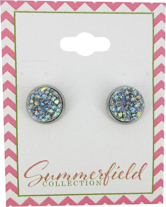 Summerfield Collection Stainless Steel Frost Blue Gray AB Glitter Faux Druzy Stone Stud Earrings (10mm)