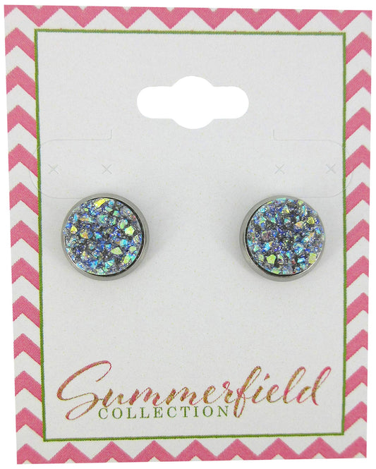Stainless Steel Frost Blue Gray AB Glitter Faux Druzy Stone Stud Earrings 10mm