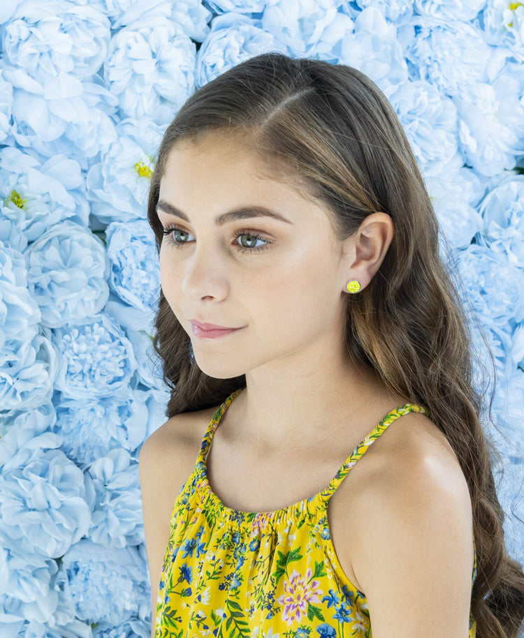 Silver-tone Neon Yellow AB Faux Druzy Stone Stud Earrings