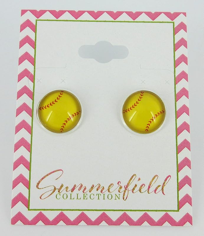 Summerfield Collection Silver-tone Softball Print Glass Stud Earrings 12mm Yellow