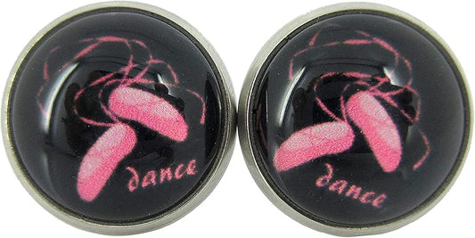 Summerfield Collection Stainless Steel I Heart Dance Print Glass Stud Earrings 12mm (Ballet Pointe Shoes)