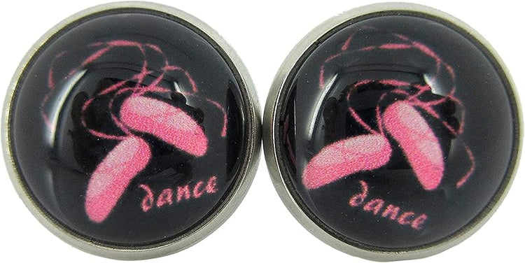 Summerfield Collection Stainless Steel I Heart Dance Print Glass Stud Earrings 12mm (Ballet Pointe Shoes)
