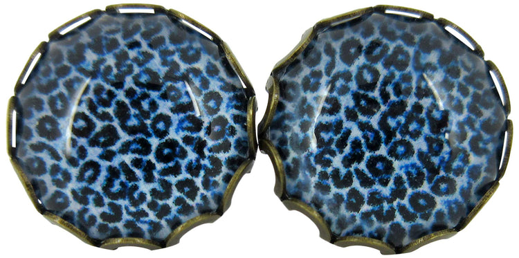 Antiqued Gold-tone Animal Print Glass Stud Earrings 12mm (Med Blue)