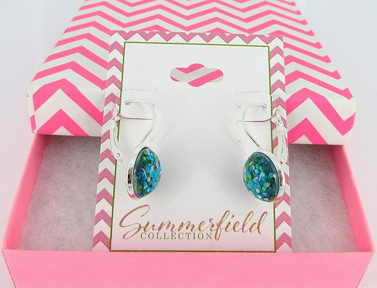 Summerfield Collection Silver-tone Metallic Glitter Resin Lever-back Drop Earrings 12mm (Blue/Green)