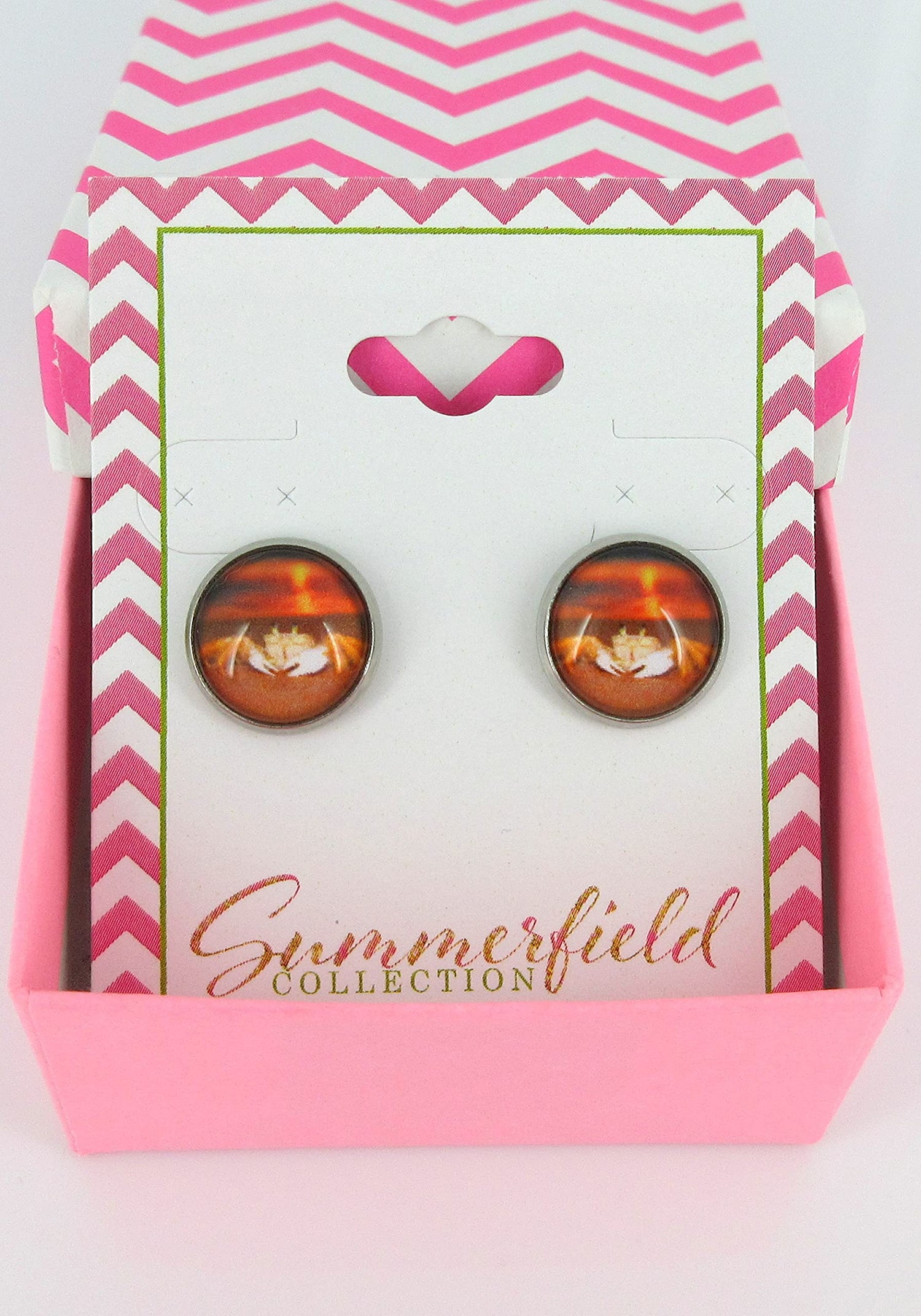 Stainless Steel Sunset Crab on the Beach Print Glass Stud Earrings 12mm