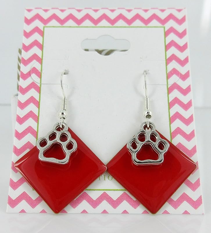 Summerfield Collection Silver-tone Paw Print Charm Enamel Dangle Earrings (Red)