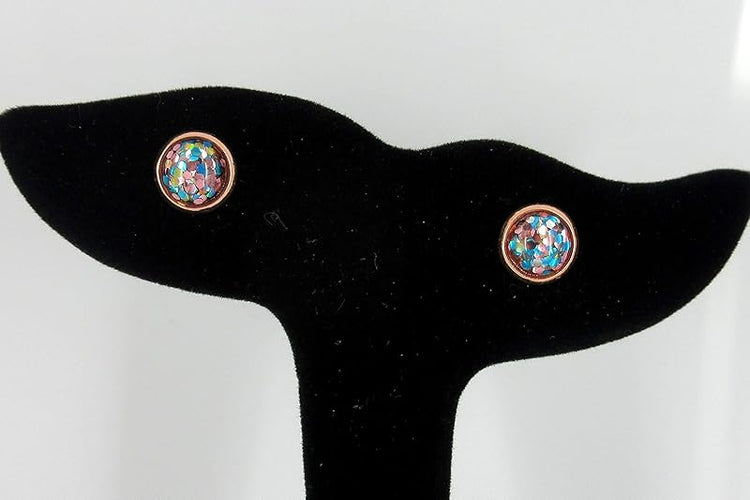 Summerfield Collection Rose Gold-tone Aqua Blue Silver and Pink Glitter Resin Stud Earrings 8mm