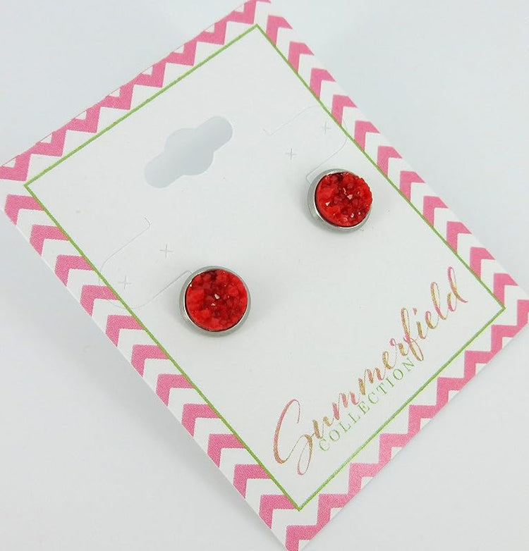 Summerfield Collection Stainless Steel Matte Faux Druzy Stone Stud Earrings 8mm (Classic Red)