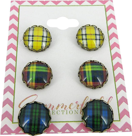 Summerfield Collection Antiqued Gold-tone Trio Plaid Print Glass Stud Earrings 12mm Set