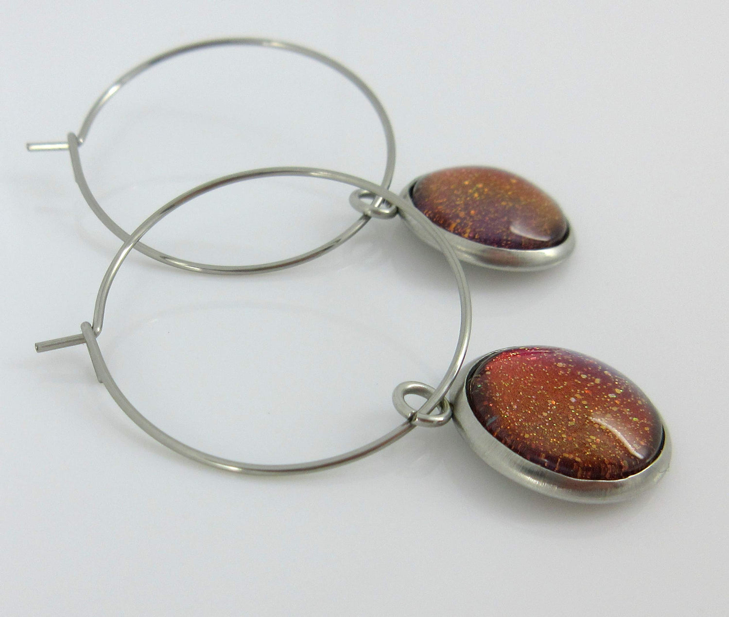 Stainless Steel Blue Red Purple and Gold Glitter Glass Charm Hoop Earrings Hand-painted 1"