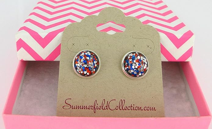 Silver-tone Patriotic Glitter Resin Stud Earrings Red Blue USA