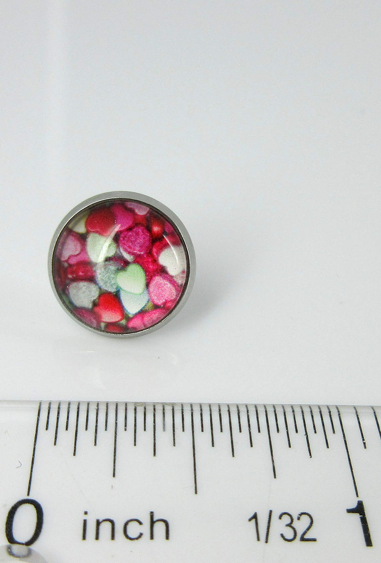 Stainless Steel Heart Print Glass Stud Earrings 12mm