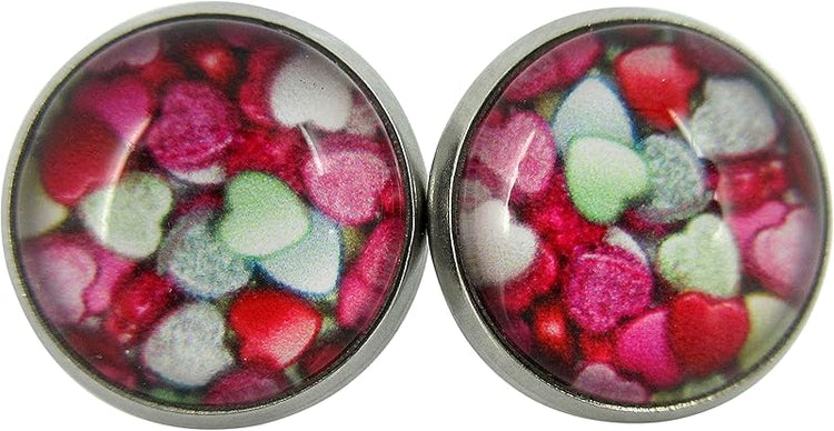 Summerfield Collection Stainless Steel Heart Print Glass Stud Earrings 12mm