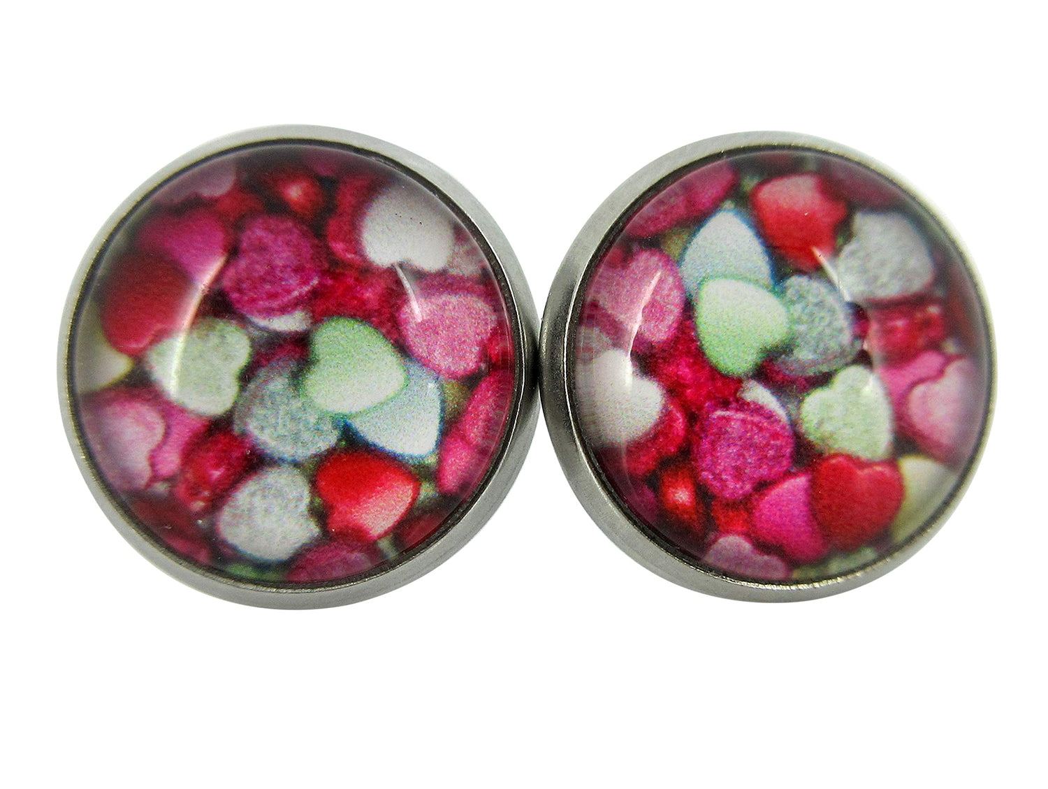 Stainless Steel Heart Print Glass Stud Earrings 12mm