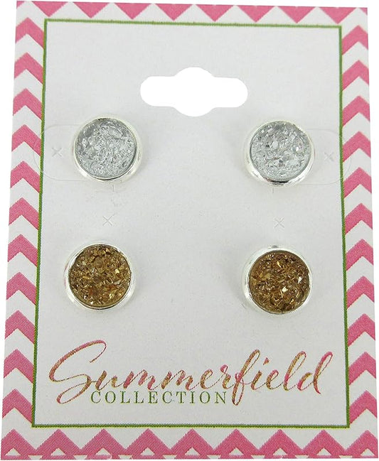 Summerfield Collection Duo Silver-tone Faux Druzy Stone Stud Earrings 8mm Set (Clear/Light Brown)