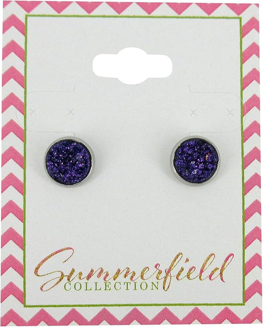 Summerfield Collection Stainless Steel Glitter Faux Druzy Stone Stud Earrings 8mm (Dark Purple)