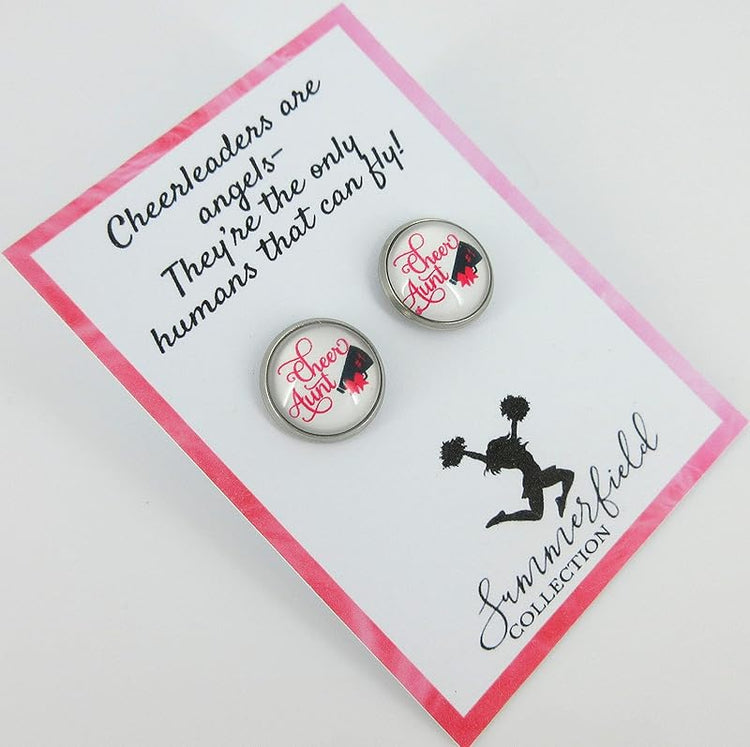 Summerfield Collection Stainless Steel Cheer Printed Glass Stud Earrings 12mm (Cheer Aunt)