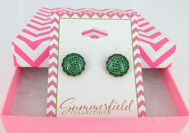 Summerfield Collection Antiqued Gold-tone Animal Print Glass Stud Earrings 12mm (Grass Green)