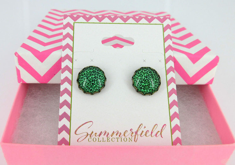Antiqued Gold-tone Animal Print Glass Stud Earrings 12mm (Grass Green)