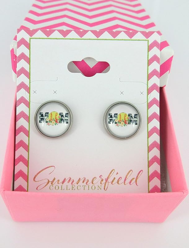 Summerfield Collection Stainless Steel Softball Mom Print Glass Stud Earrings 12mm