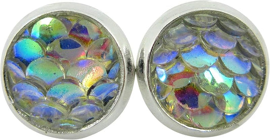 Summerfield Collection Silver-tone Metallic Mermaid Scale Stud Earrings 8mm (Clear AB)