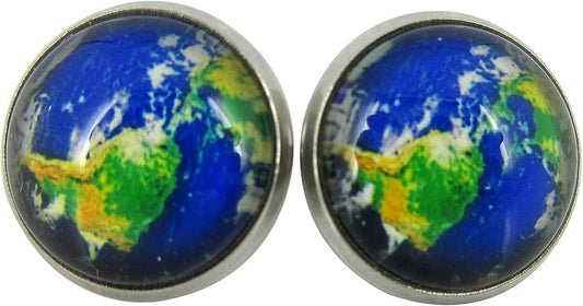 Summerfield Collection Stainless Steel Blue Green Planet Earth World Globe Print Glass Stud Earrings 12mm